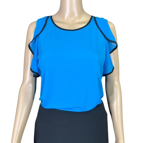 Calvin Klein Womens Blouse Top Shirt Ruffle Sleeve Pullover Teal Black XS - Picture 3 of 16